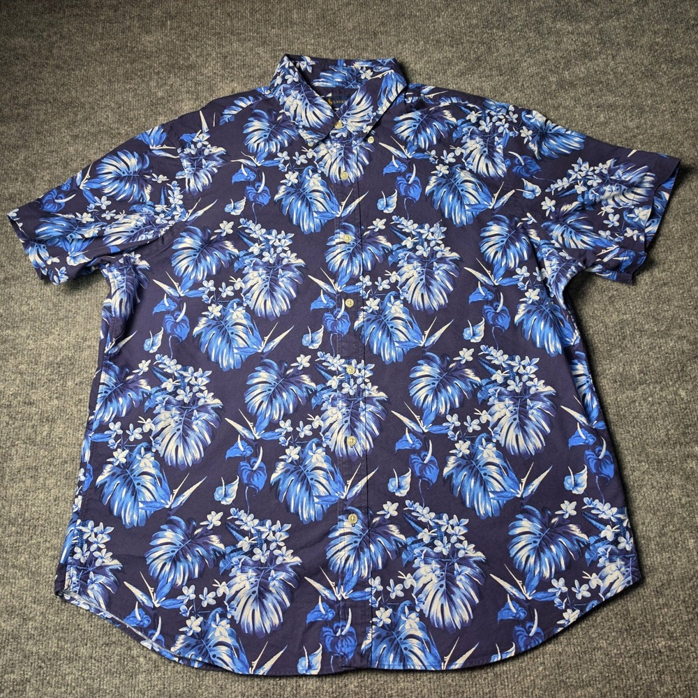 Polo Ralph Lauren Mens XL Blue Tropical Floral Monstera Cotton Button Down Shirt